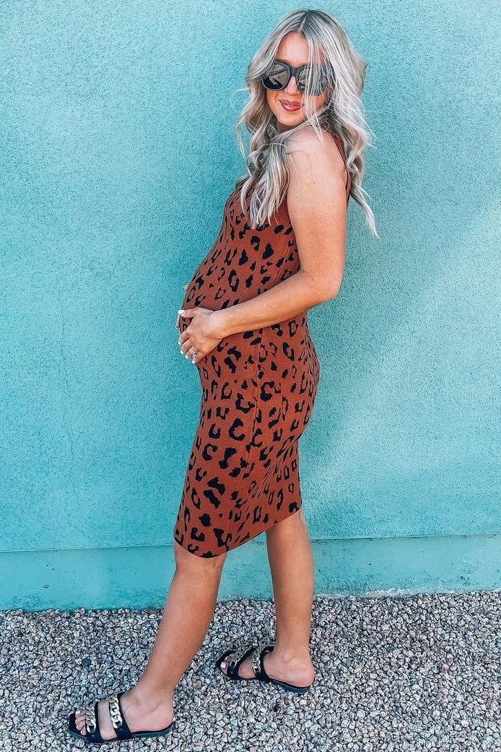 Rust Cheetah Print Sleeveless Sweater Maternity Midi Dress