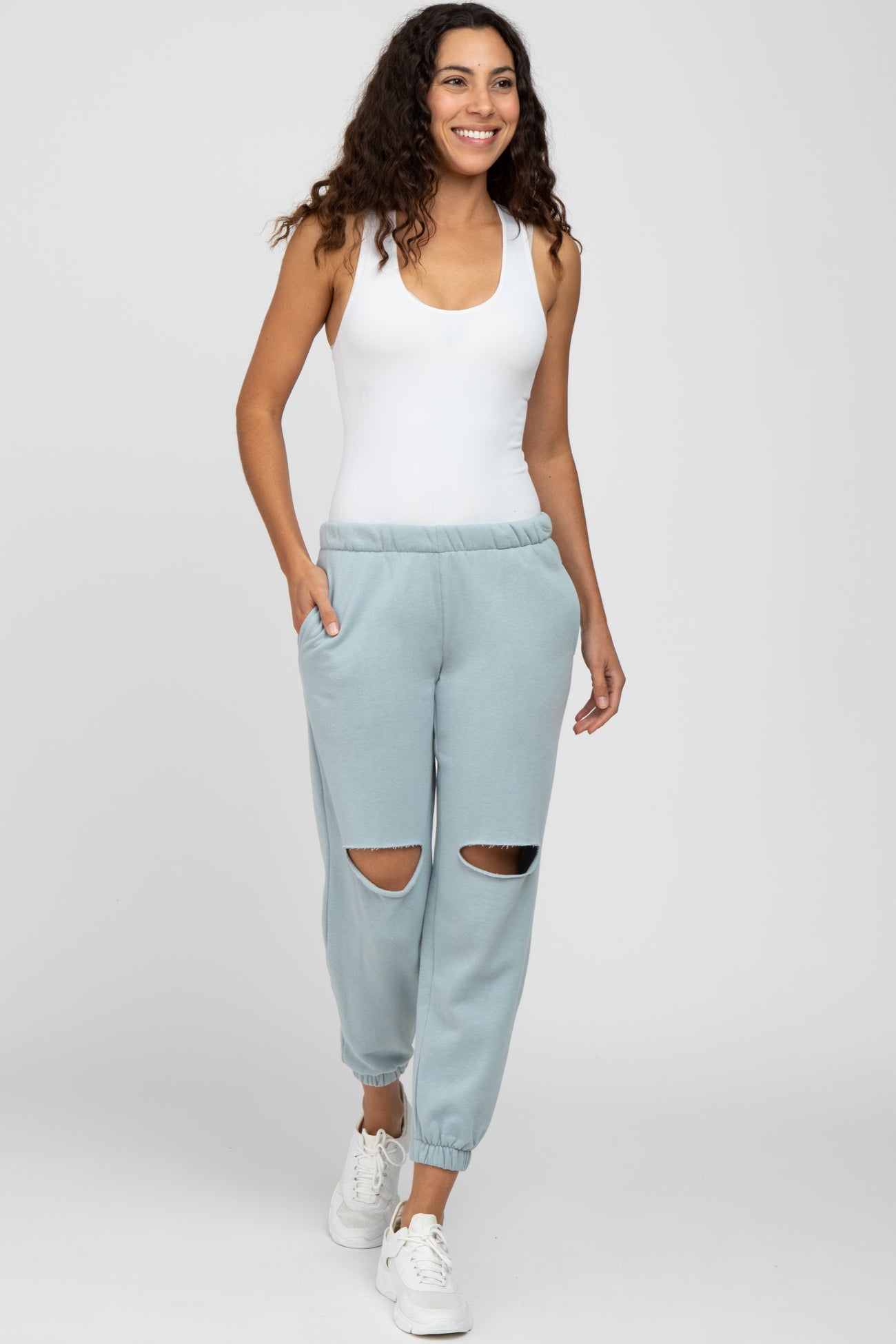 Light Blue Ripped Knee Maternity Sweatpants