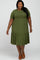 smiling woman wearing a plus size olive green ribbed tiered midi dress with short sleeves
