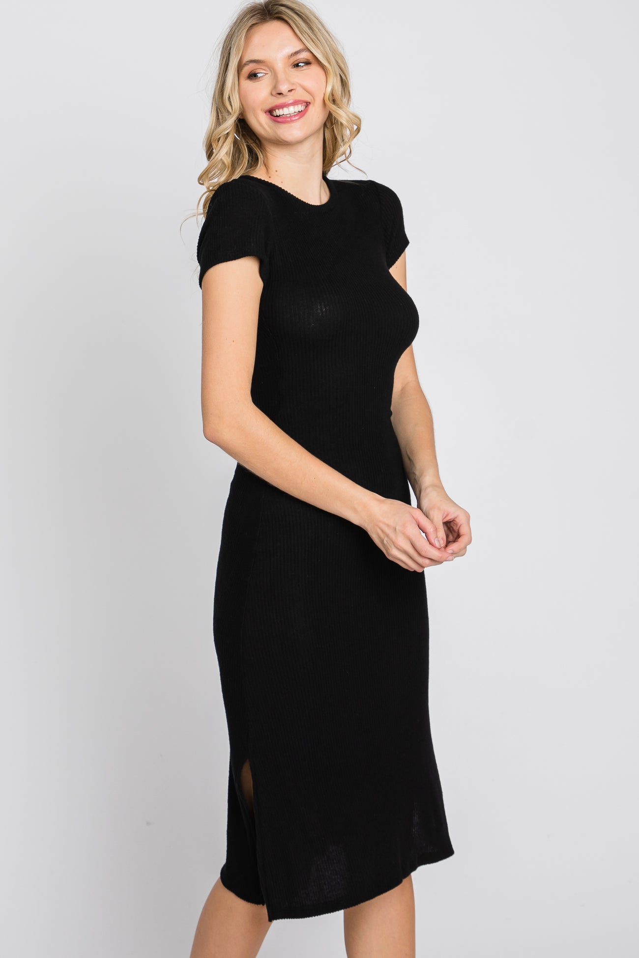Black Brushed Ribbed Midi Dress