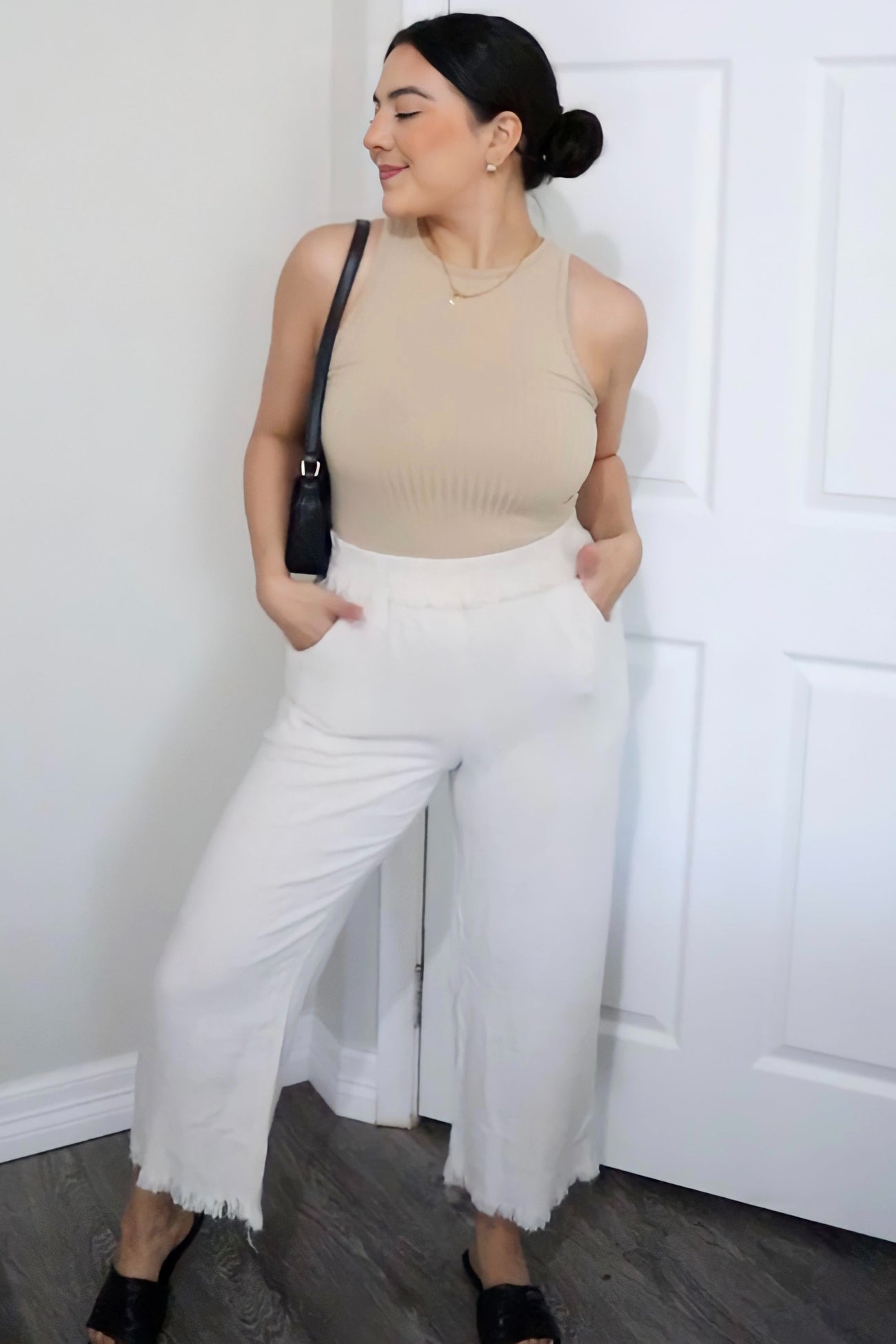 Cream Linen Frayed Hem Crop Pants