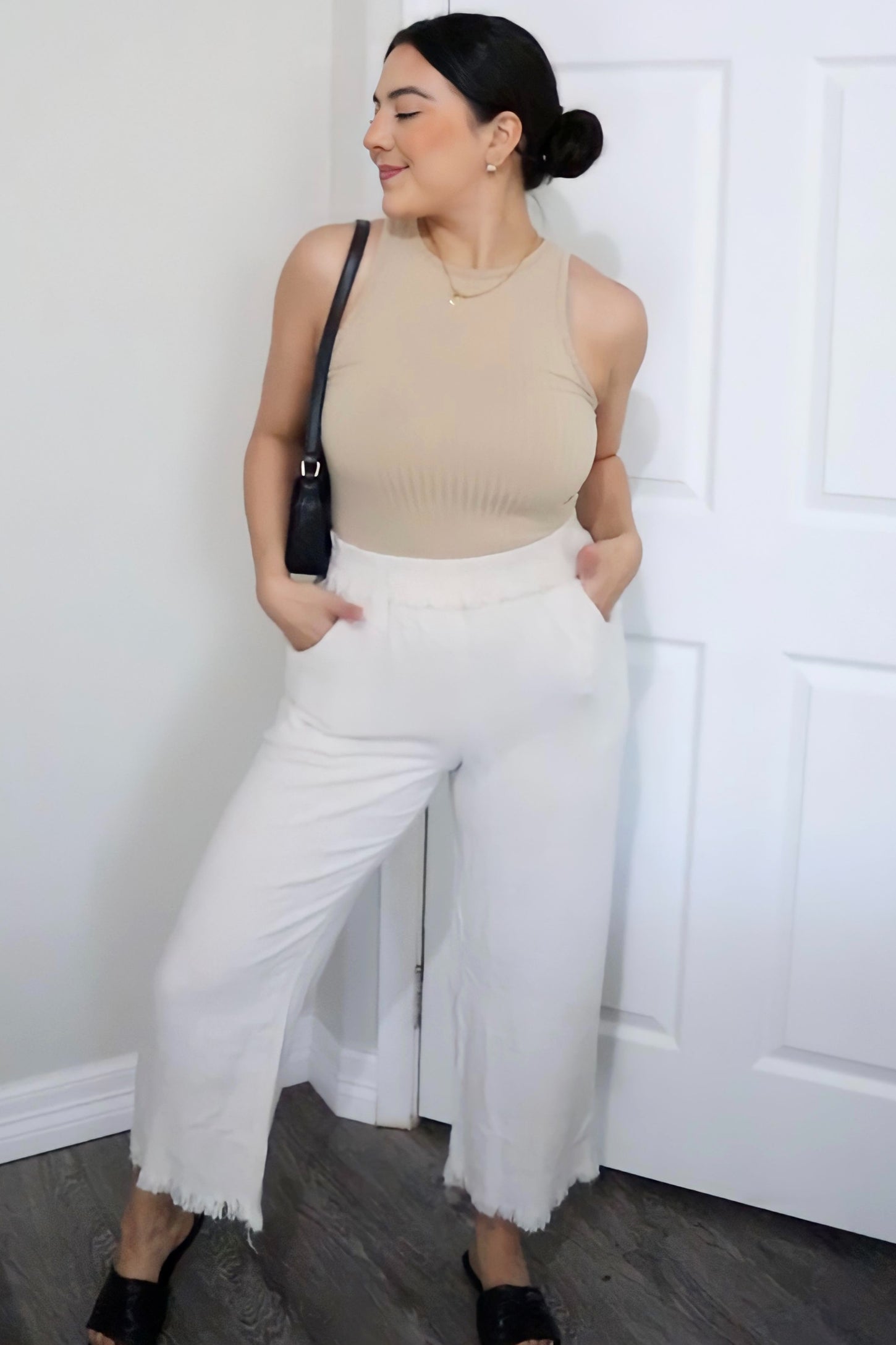 Cream Linen Frayed Hem Crop Pants