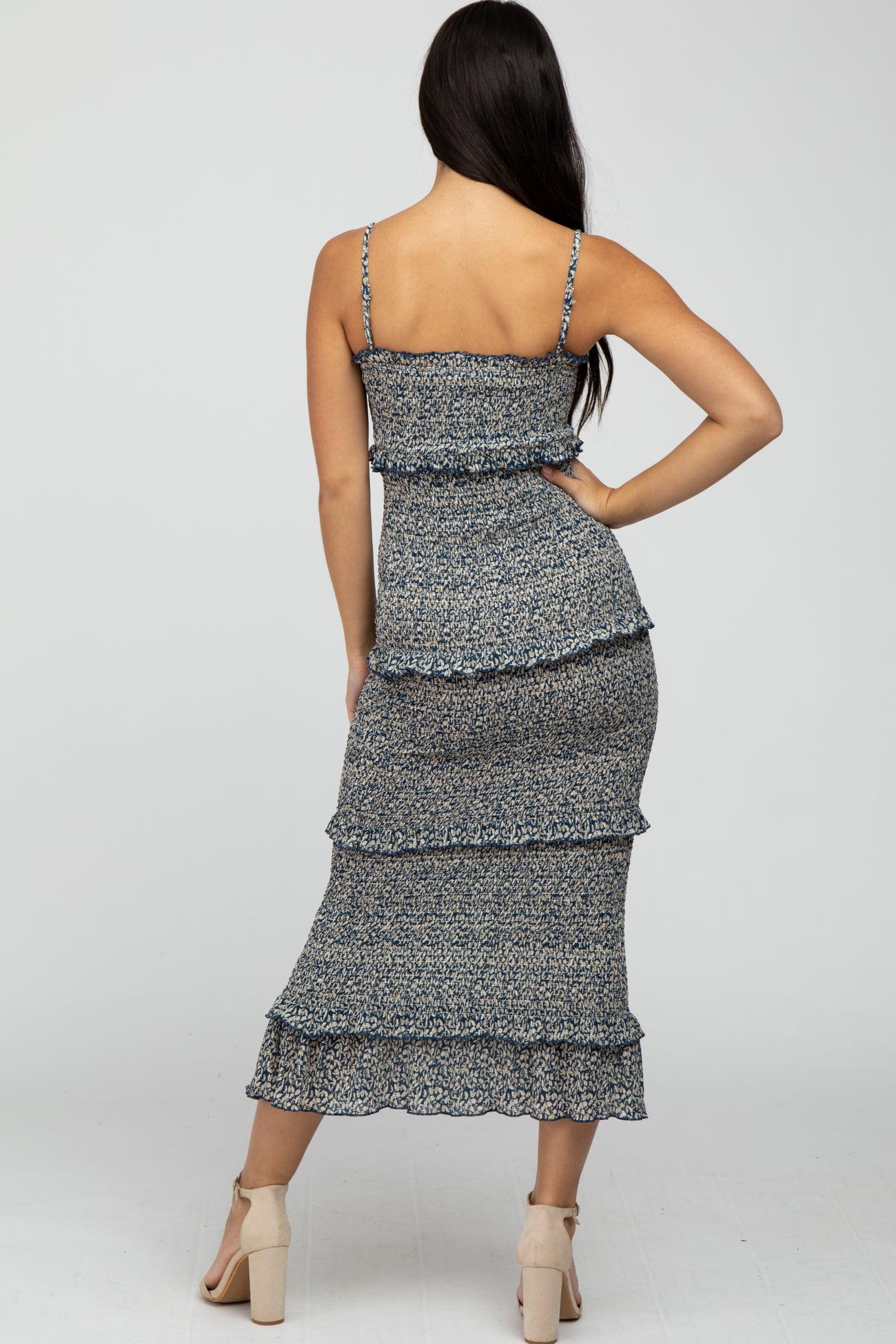 Navy Leaf Print Smocked Fitted Midi Dress