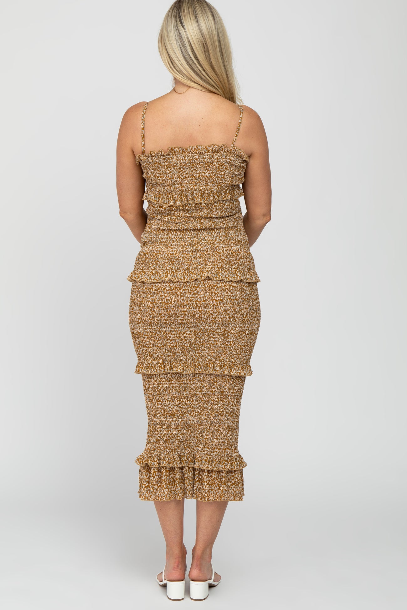 Mustard Leaf Print Smocked Fitted Maternity Midi Dress