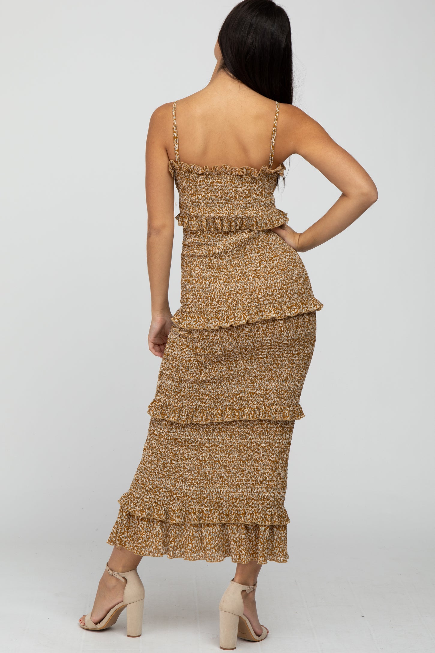 Mustard Leaf Print Smocked Fitted Midi Dress