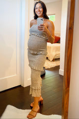 Taupe Leaf Print Smocked Fitted Maternity Midi Dress