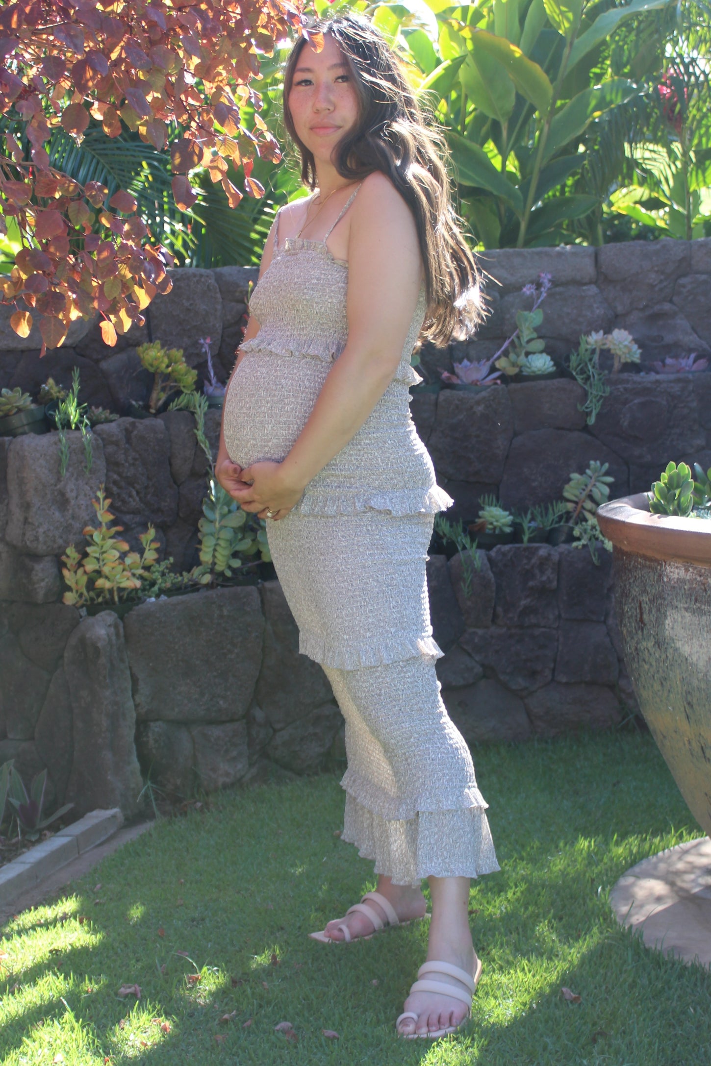 Taupe Leaf Print Smocked Fitted Maternity Midi Dress
