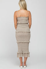 Taupe Leaf Print Smocked Fitted Maternity Midi Dress