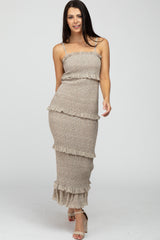 Taupe Leaf Print Smocked Fitted Maternity Midi Dress