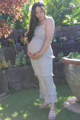 Taupe Leaf Print Smocked Fitted Maternity Midi Dress
