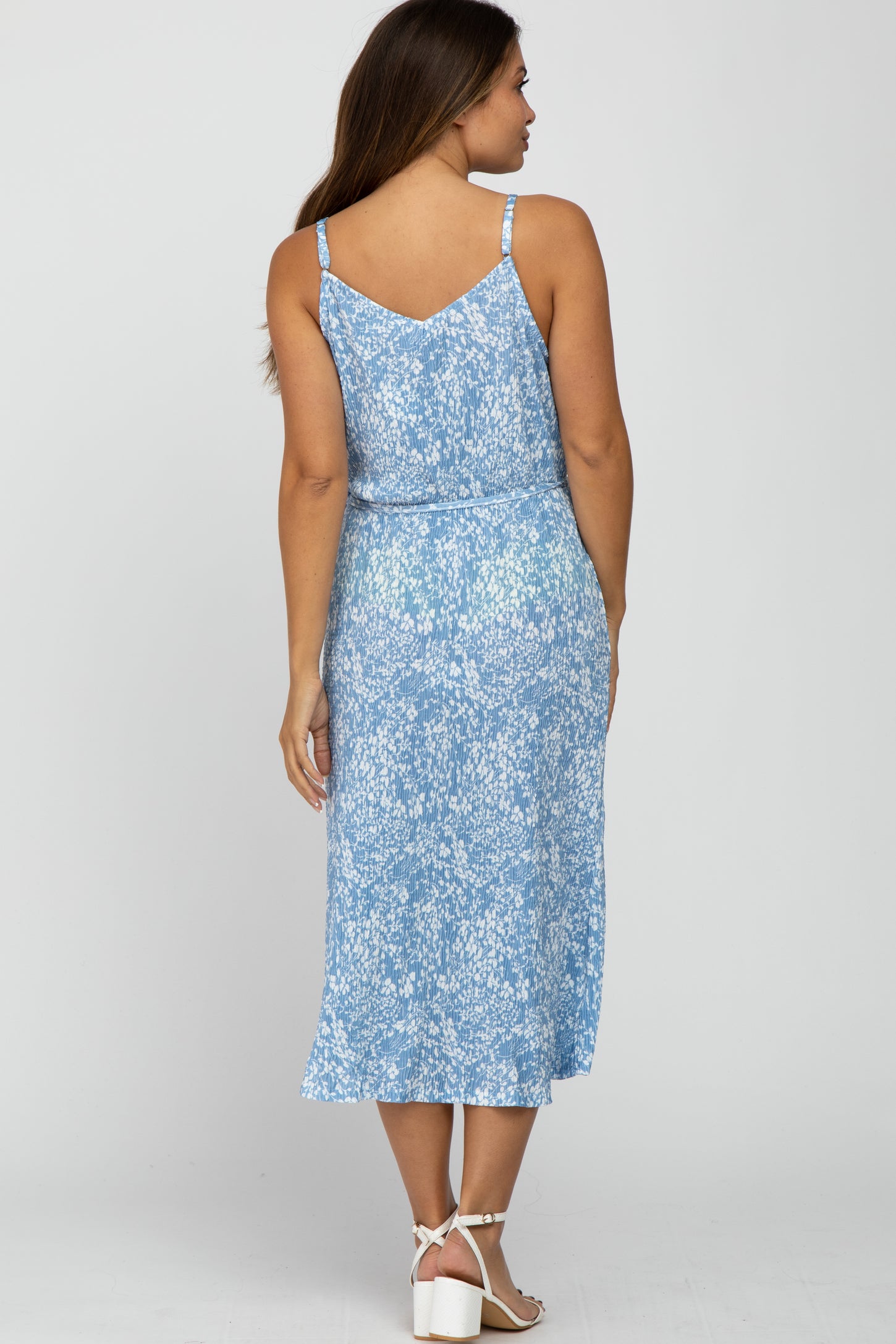 Blue Floral Pleated Maternity Midi Dress