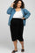 Plus size woman in denim jacket, white tank top, and black wrap midi skirt with sandals