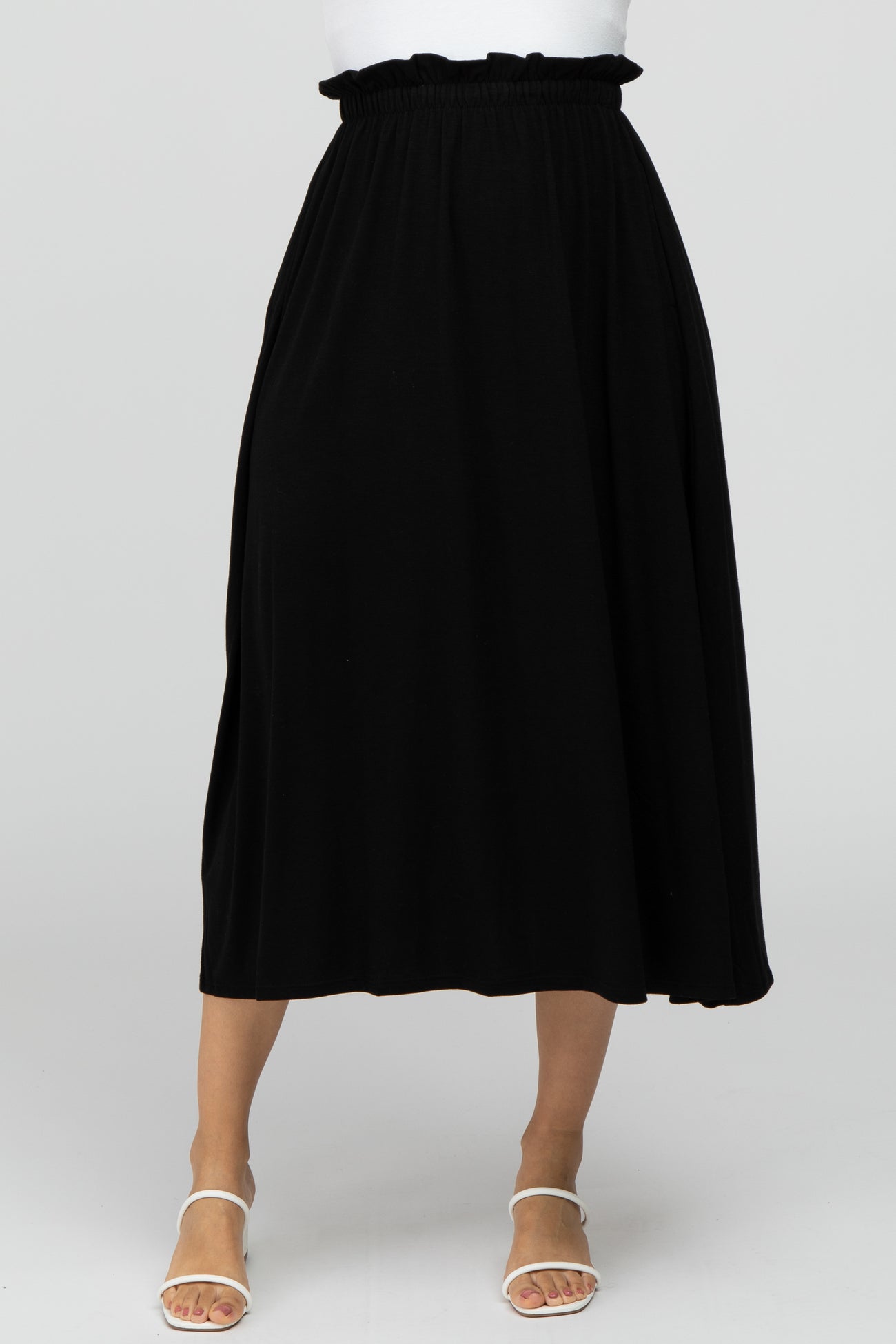 Black Ruffle Waist Midi Skirt