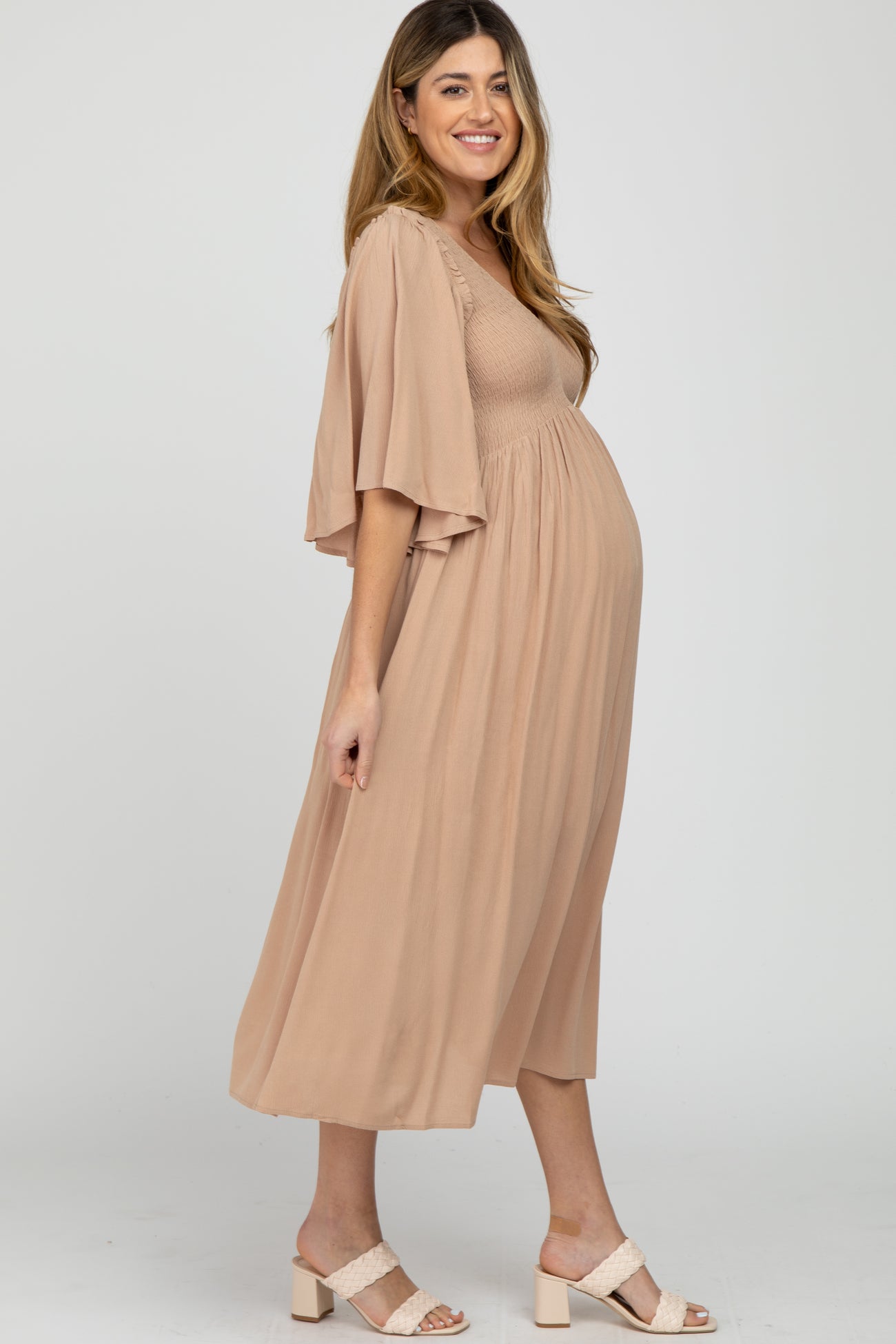 Taupe Smocked Front Ruffle Sleeve Maternity Midi Dress