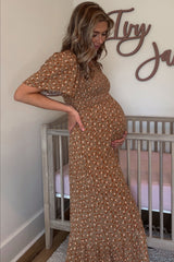 Camel Floral Smocked Square Neck Maternity Midi Dress