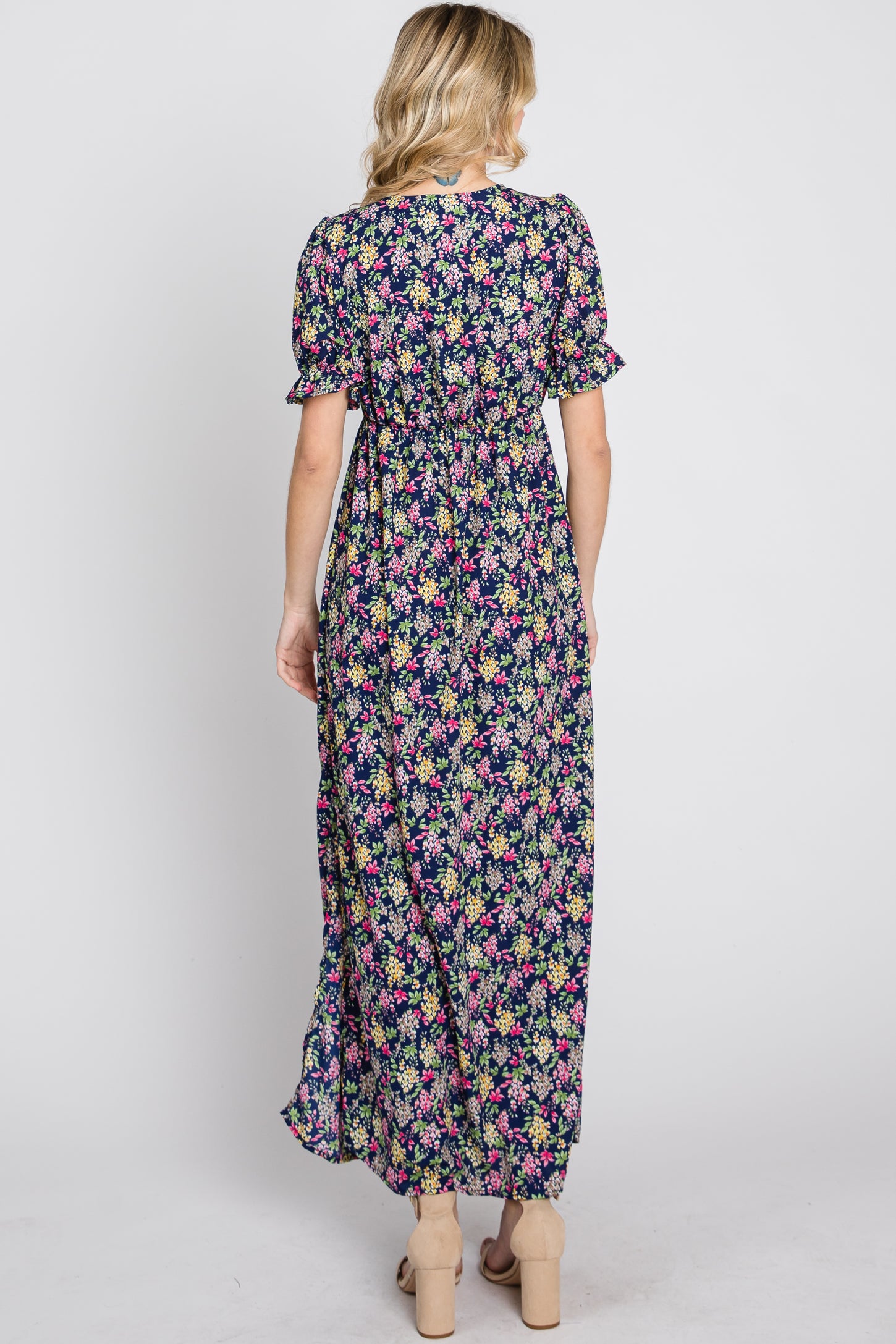 Navy Blue Floral Side Slit Maxi Dress