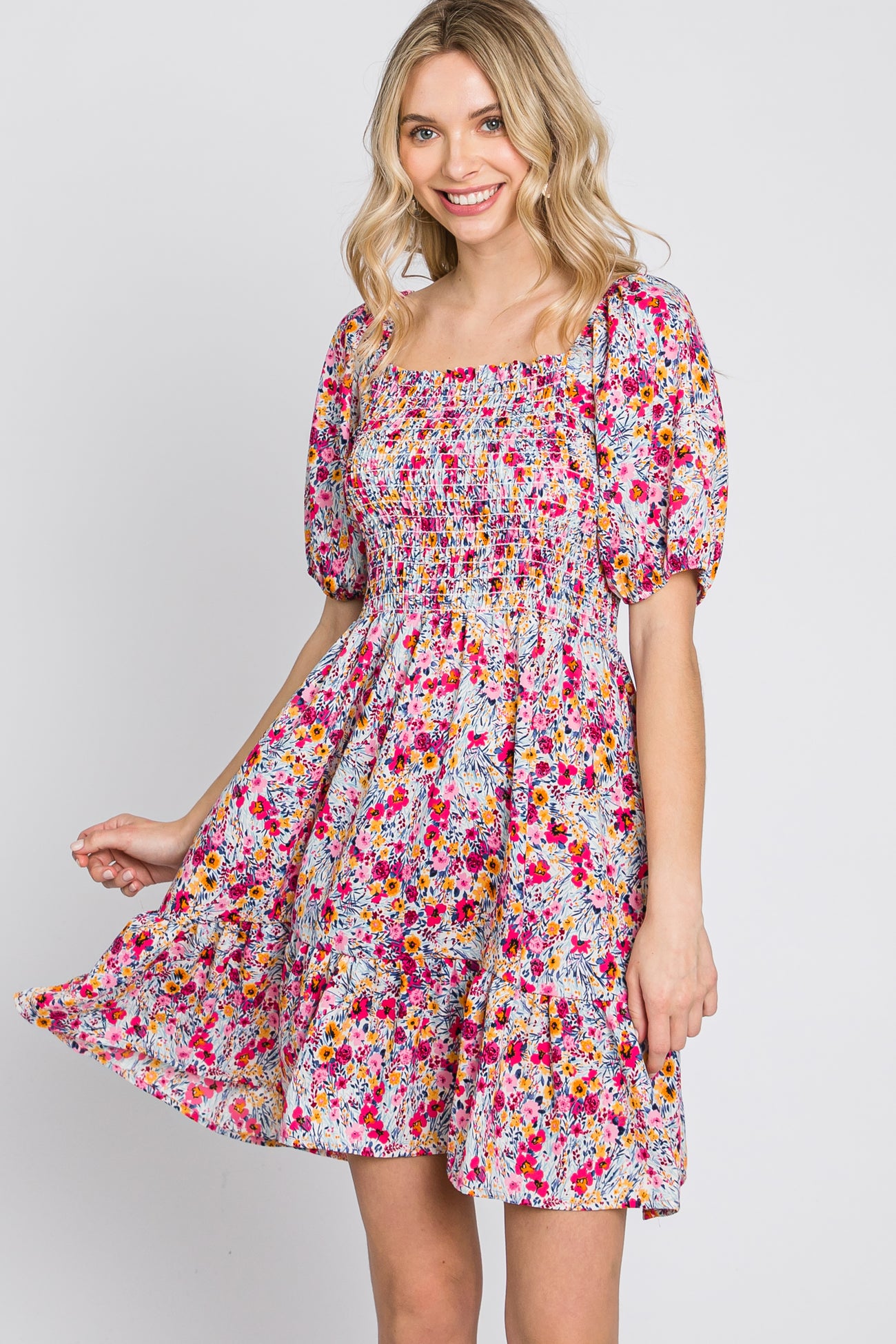 Fuchsia Floral Smocked Mini Dress