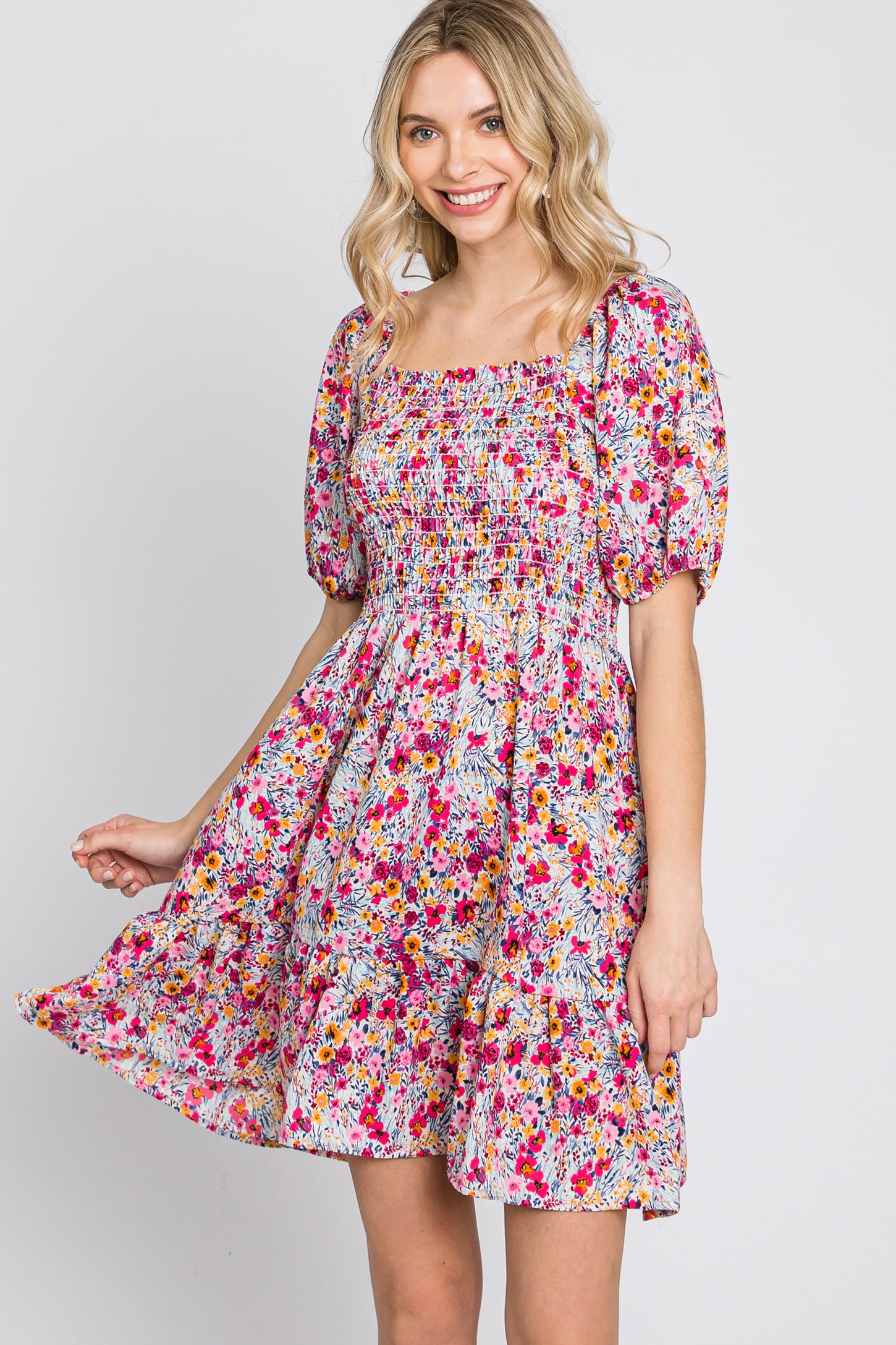 Fuchsia Floral Smocked Maternity Mini Dress