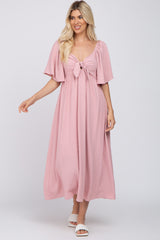 Mauve Textured Dot Front Tie Ruffle Sleeve Maternity Midi Dress