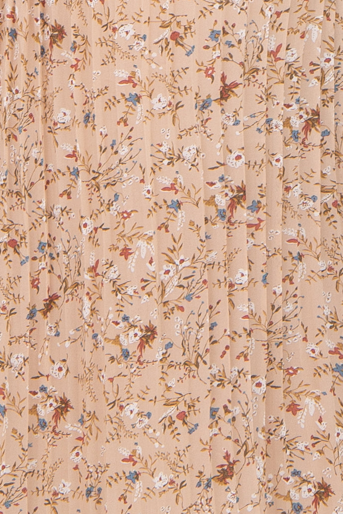 light peach maternity plus dress with floral print and pleated details