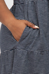 Navy Blue Striped Sleeveless Tiered Plus Dress