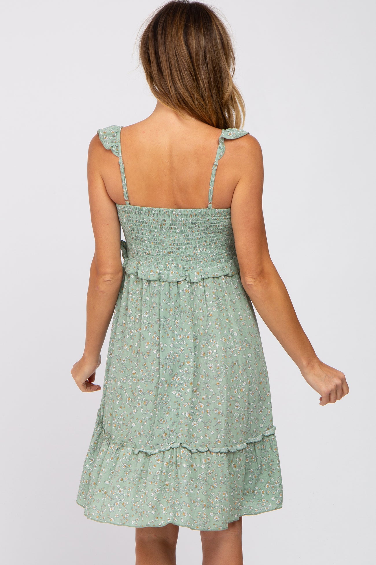 Light Olive Floral Ruffle Accent Smocked Dress