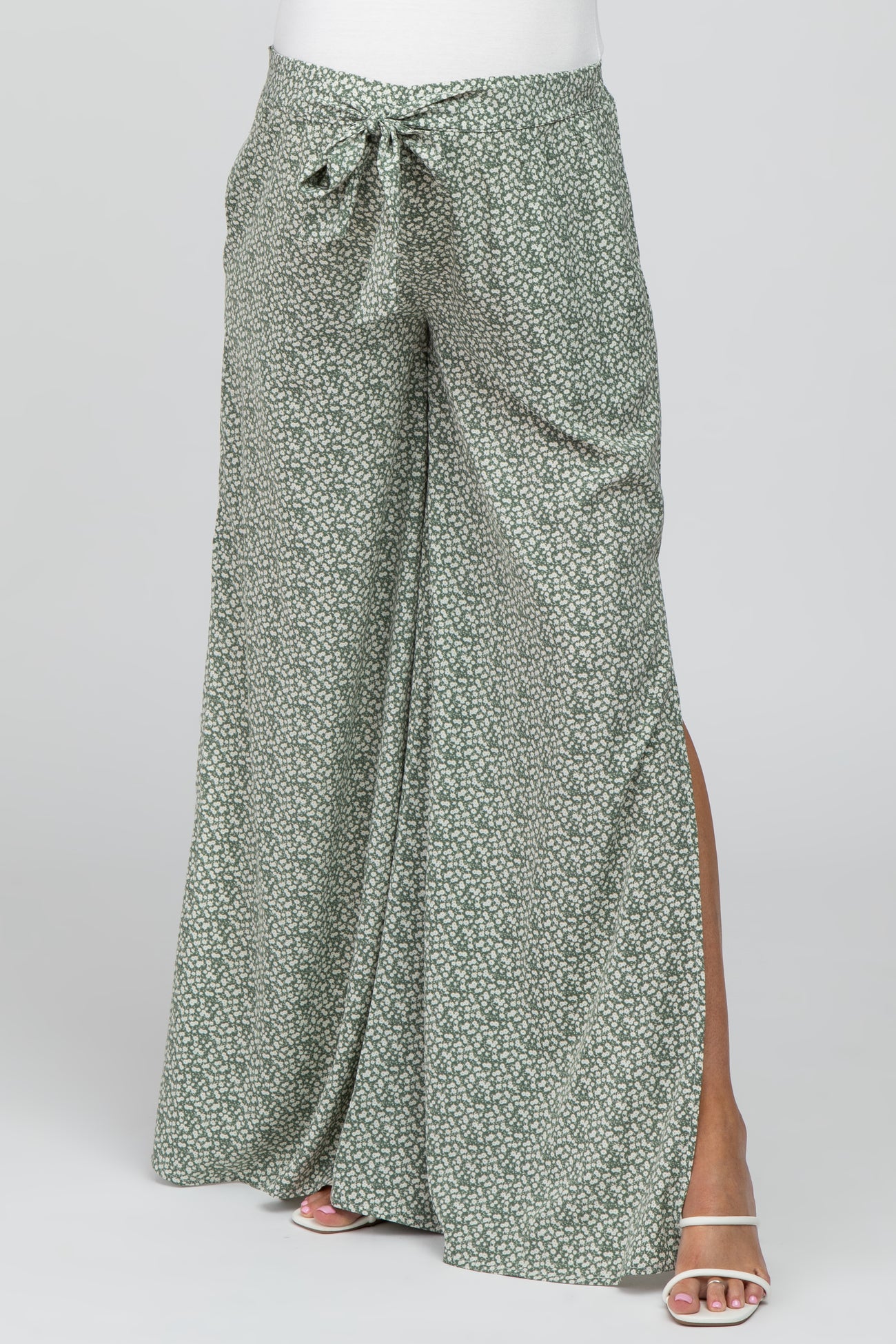 Light Olive Ditsy Floral Side Slit Maternity Pants