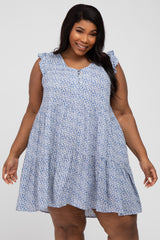 Blue Floral Button Front Tiered Maternity Plus Dress