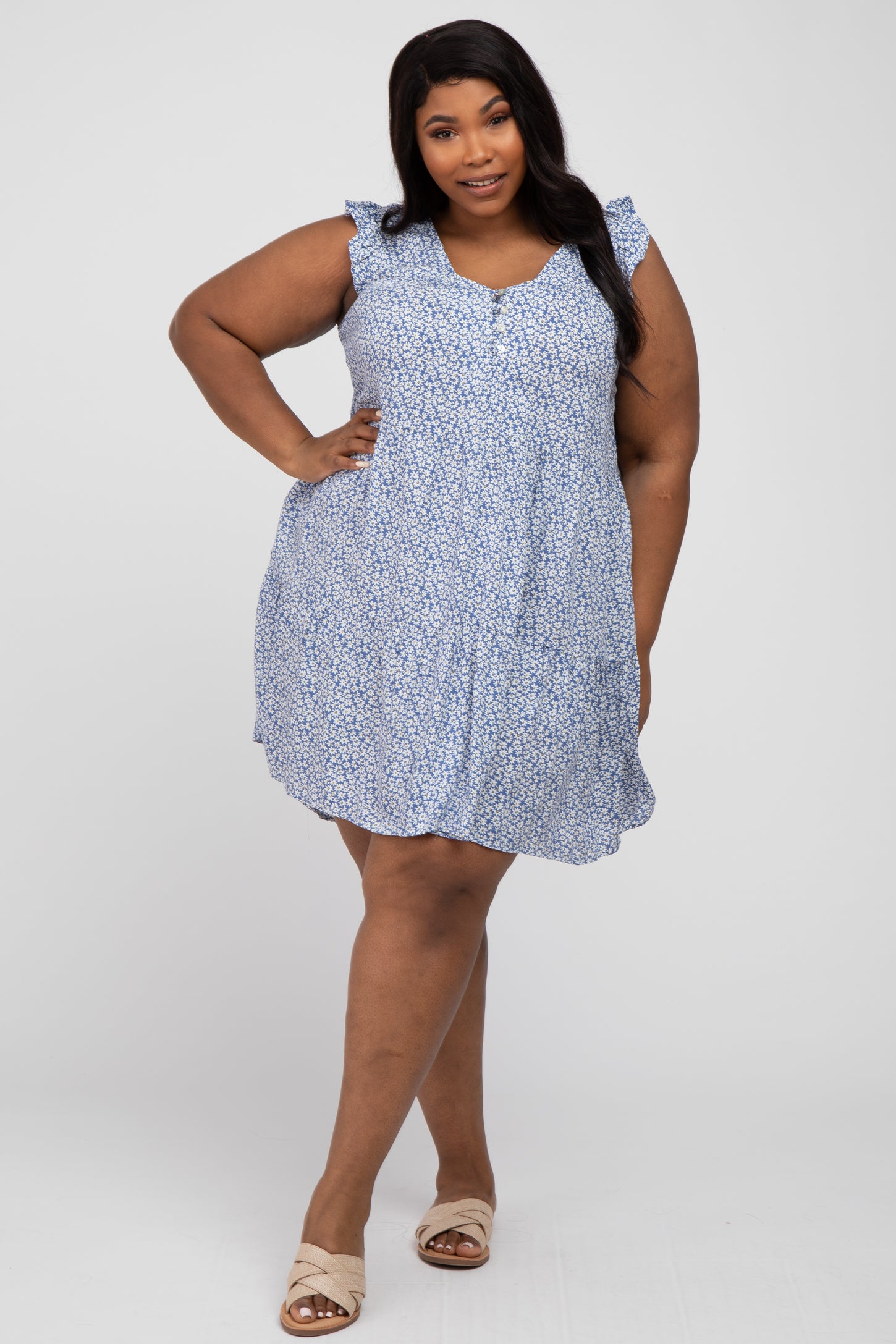 Blue Floral Button Front Tiered Plus Dress