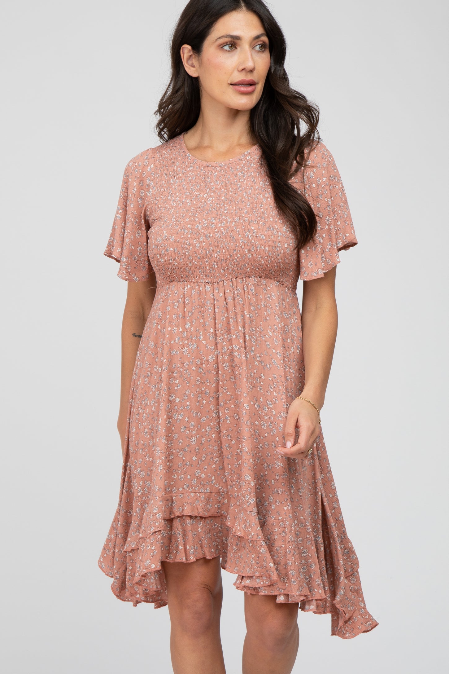 Mauve Floral Smocked Ruffle Dress