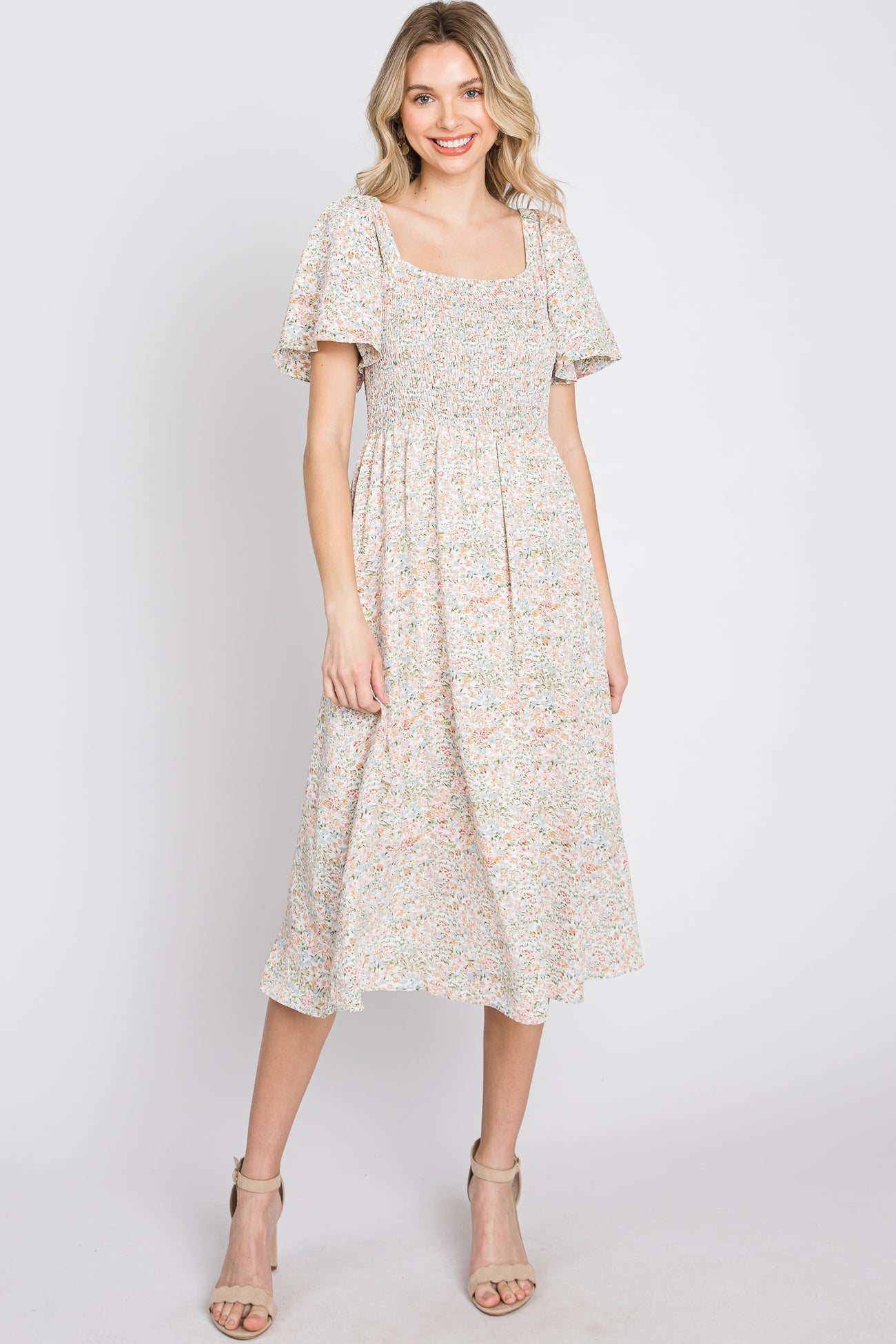 Cream Floral Smocked Square Neck Maternity Midi Dress