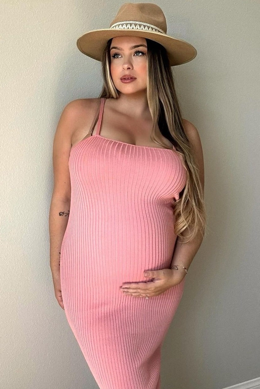 Pink Ribbed Square Neck Side Slit Maternity Midi Dress