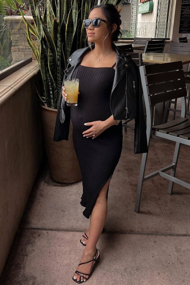 Black Ribbed Square Neck Side Slit Maternity Midi Dress