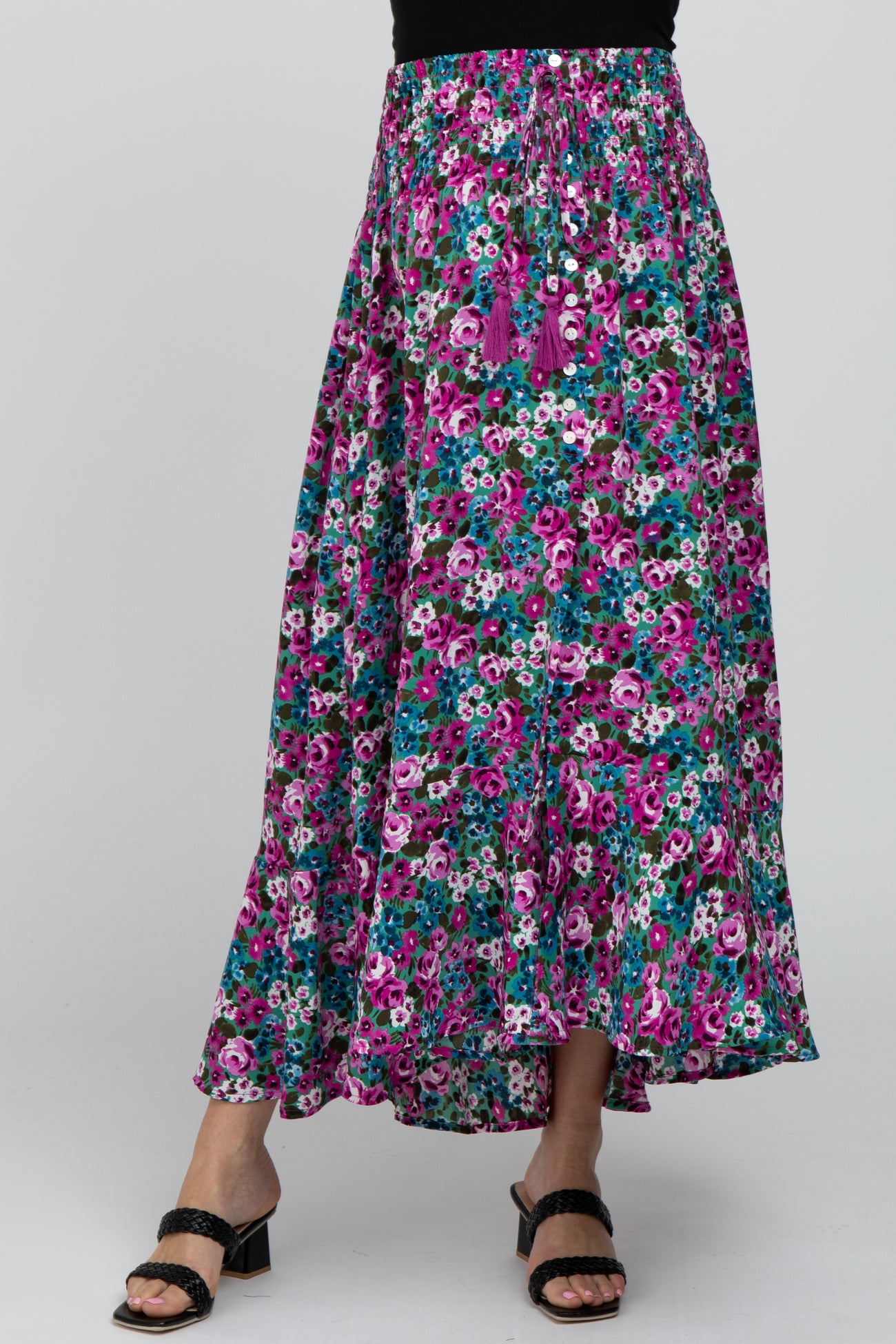 Fuchsia Floral Hi-Low Button Front Maternity Skirt