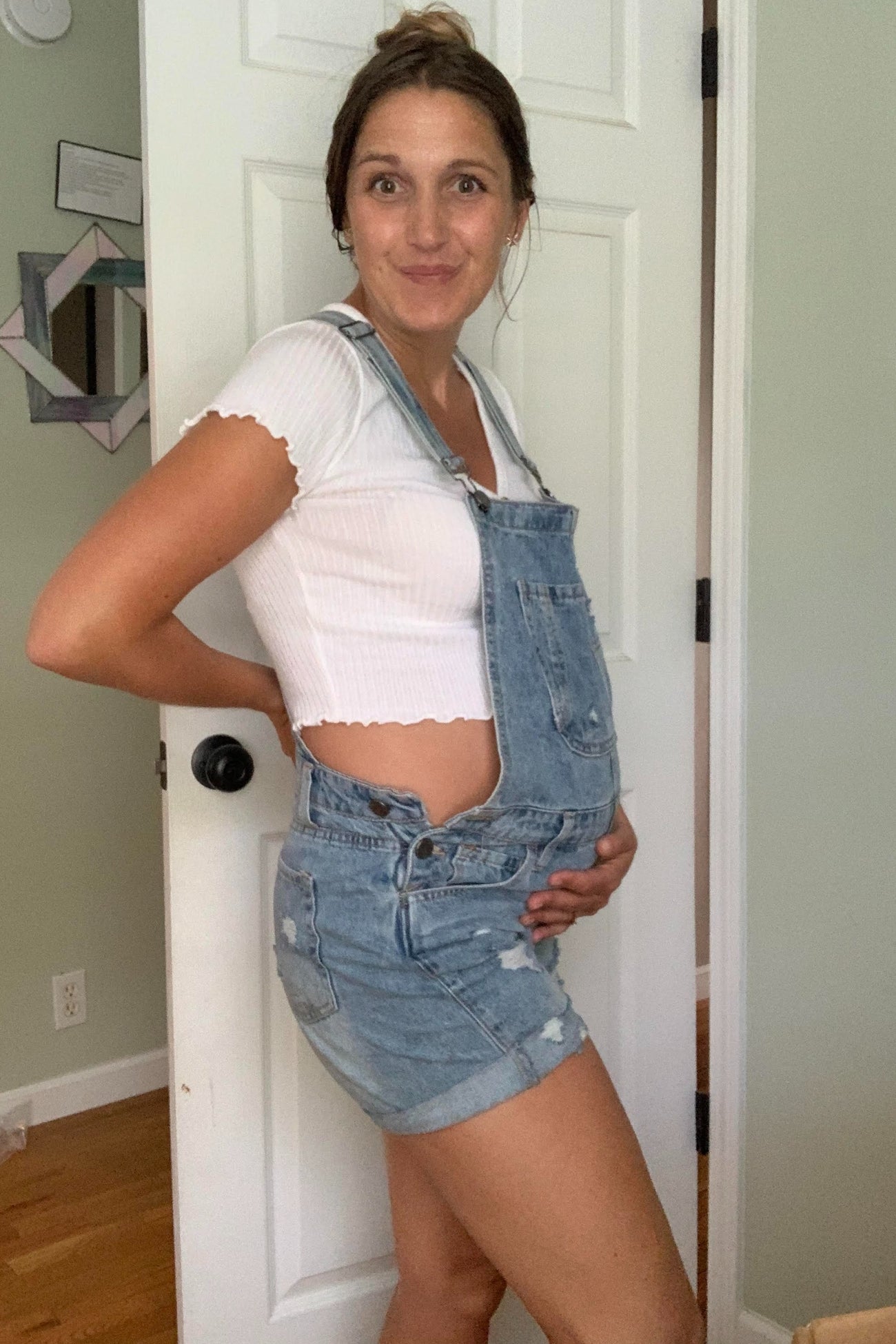 Blue Distressed Maternity Denim Short Overalls