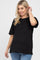 blonde woman wearing a black short sleeve maternity pocket tee and blue jeans
