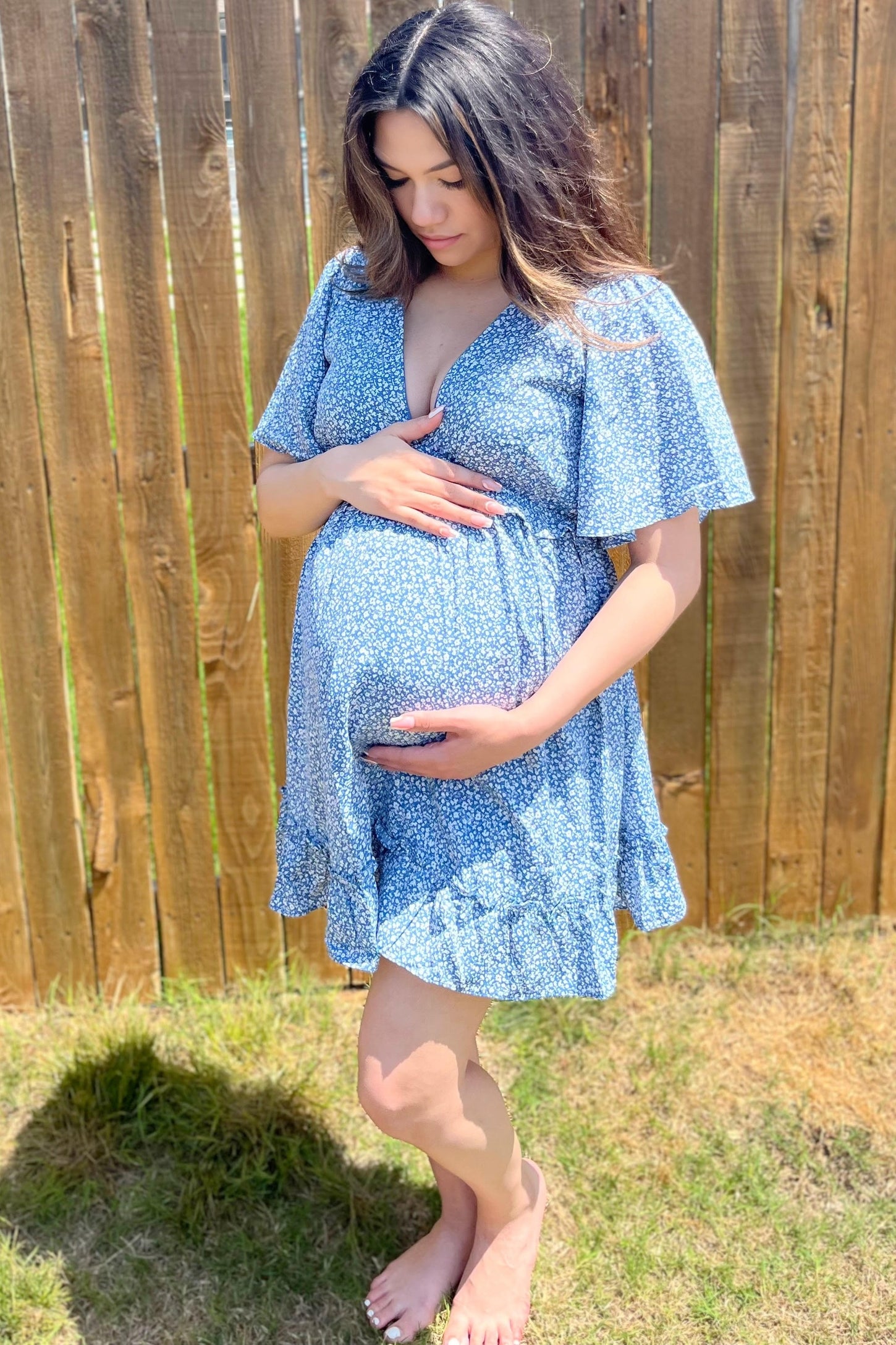 Blue Floral Ruffle Accent Cutout Maternity Dress