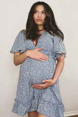 Blue Floral Ruffle Accent Cutout Maternity Dress