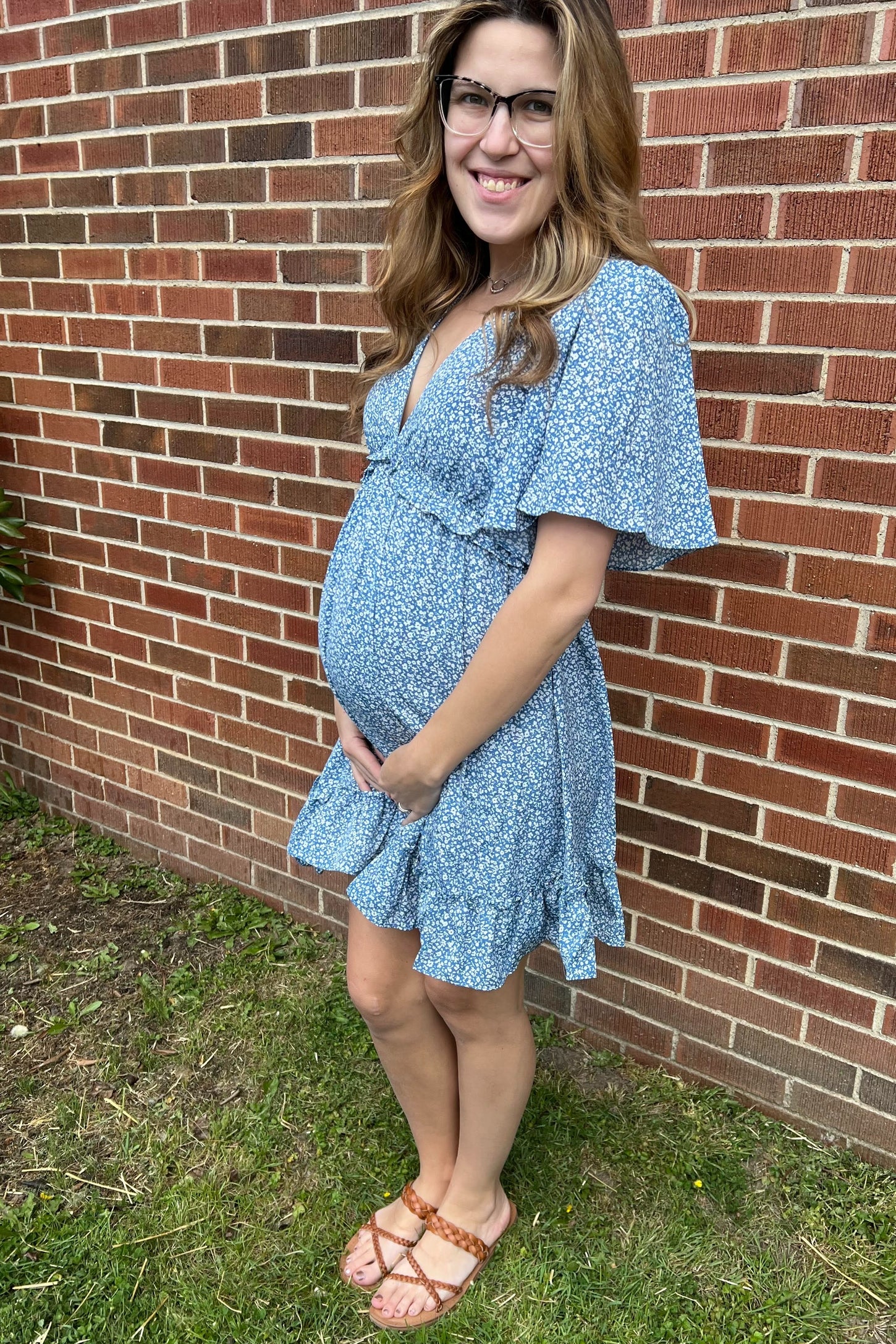 Blue Floral Ruffle Accent Cutout Maternity Dress