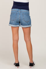Blue Distressed Cuffed Maternity Denim Shorts