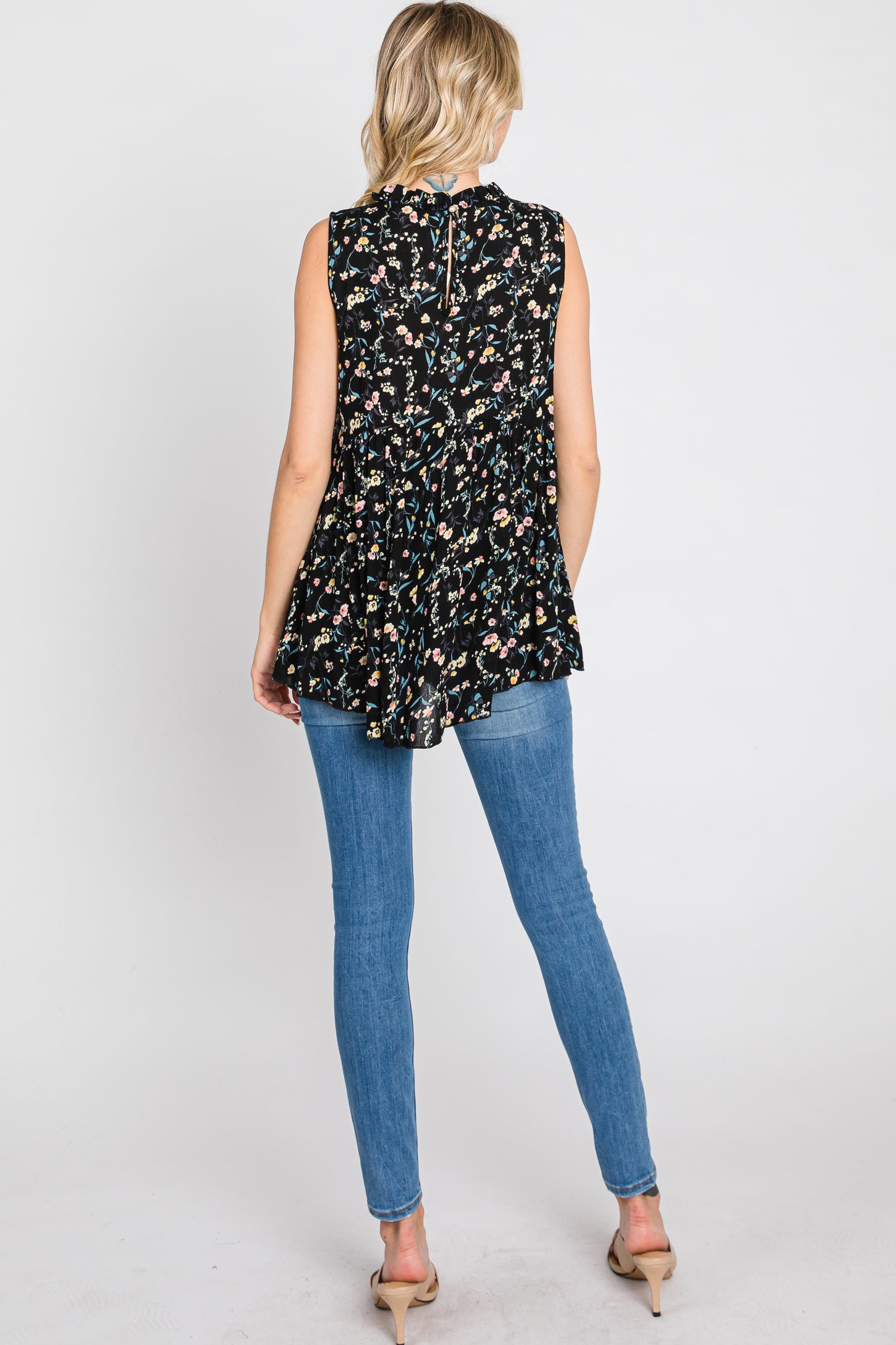 Black Floral Sleeveless Babydoll Top