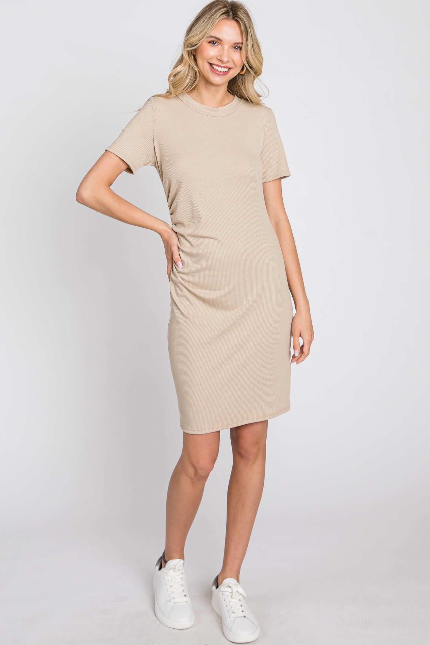 Beige Ribbed Ruched Side Fitted Short Sleeve Dress