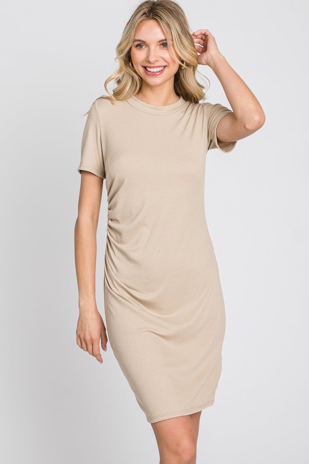 Beige Ribbed Ruched Side Fitted Short Sleeve Dress