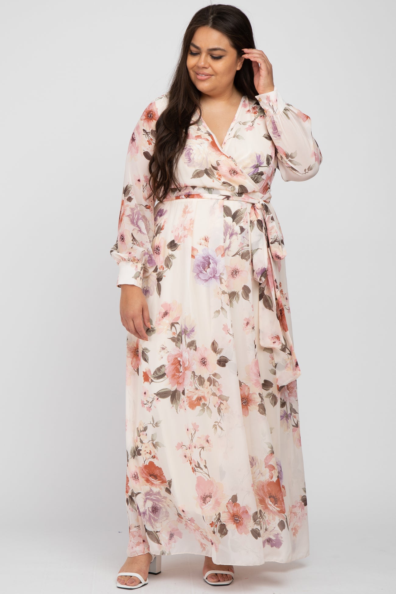 Cream Floral Chiffon Long Sleeve Pleated Maternity Maxi Dress