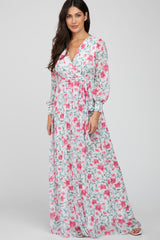 Ivory Floral Chiffon Long Sleeve Pleated Maternity Maxi Dress