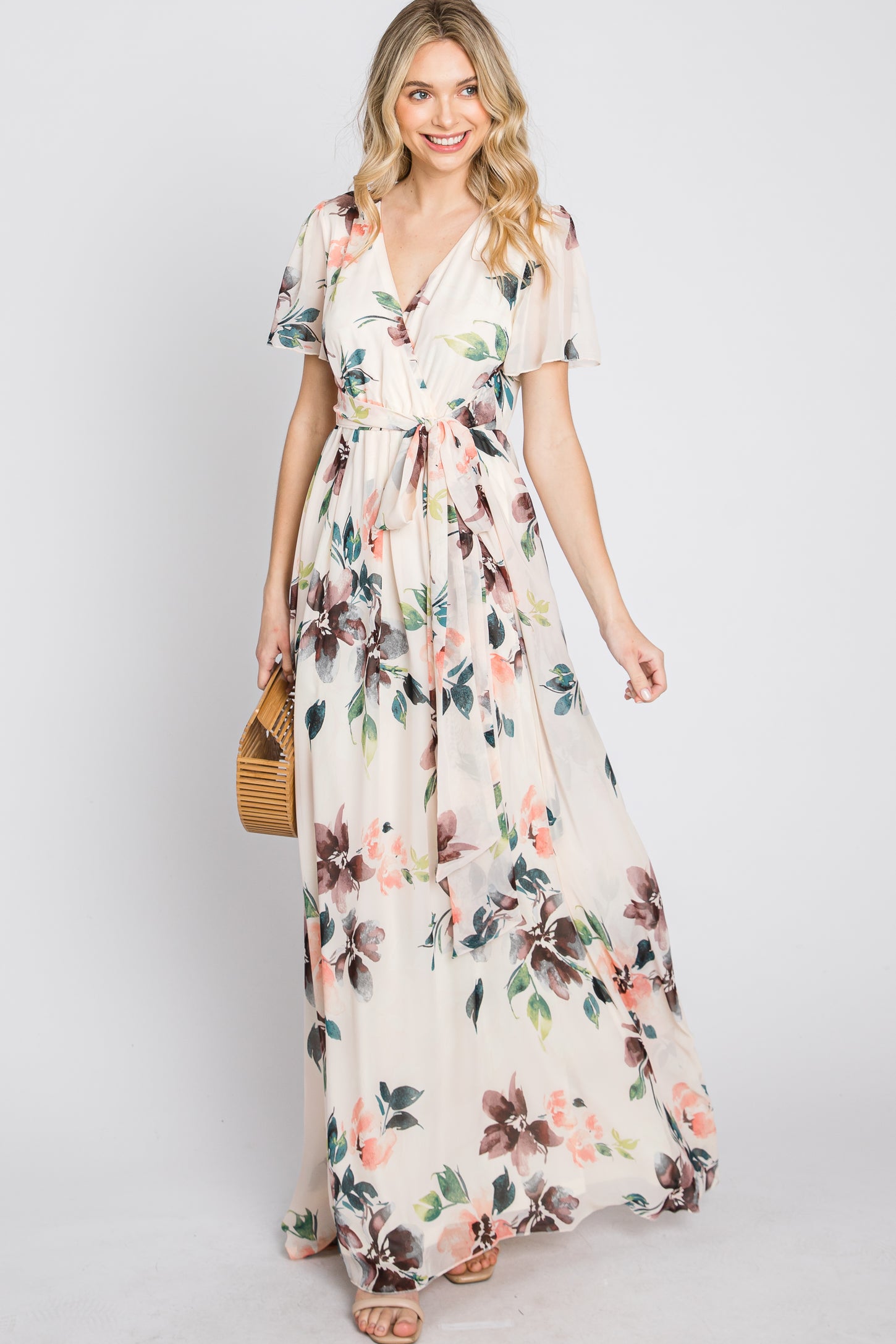 Cream Floral Chiffon Wrap Front Short Sleeve Maternity Maxi Dress