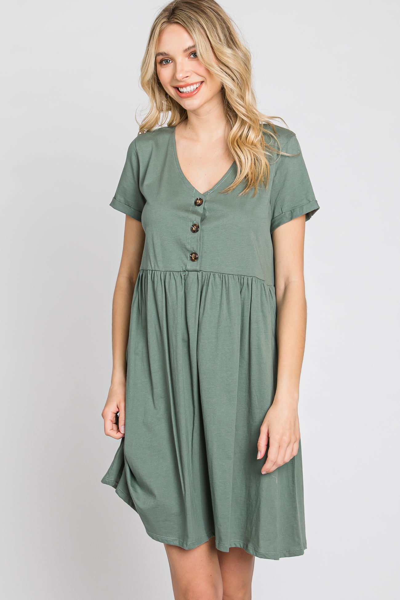 Olive Button Front Basic Dress