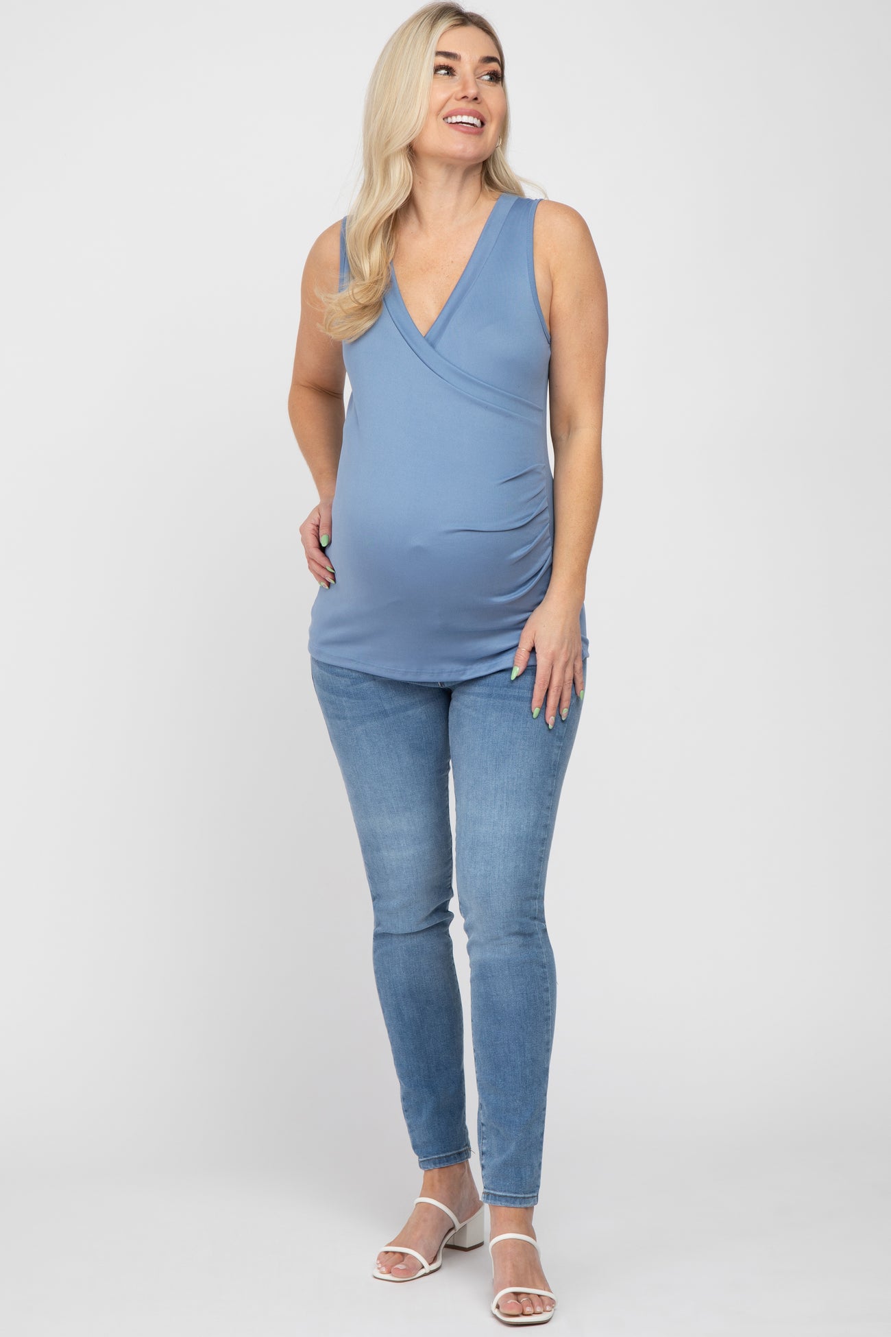 Blue Crossover Ruched Maternity Nursing Tank