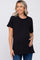 woman wearing a black maternity t-shirt and holding her baby bump