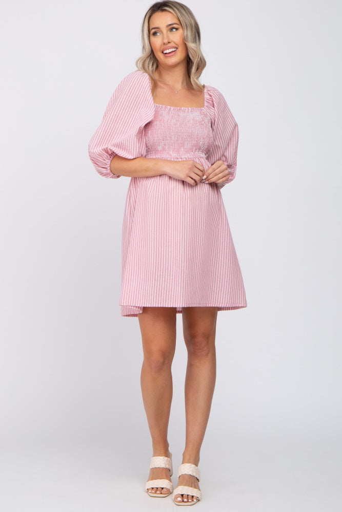 Mauve Striped Smocked Puff Sleeve Maternity Dress